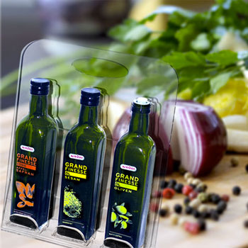 Flaschenpräsenter aus Acrylglas für 3 Olivenöle von Kotanyi